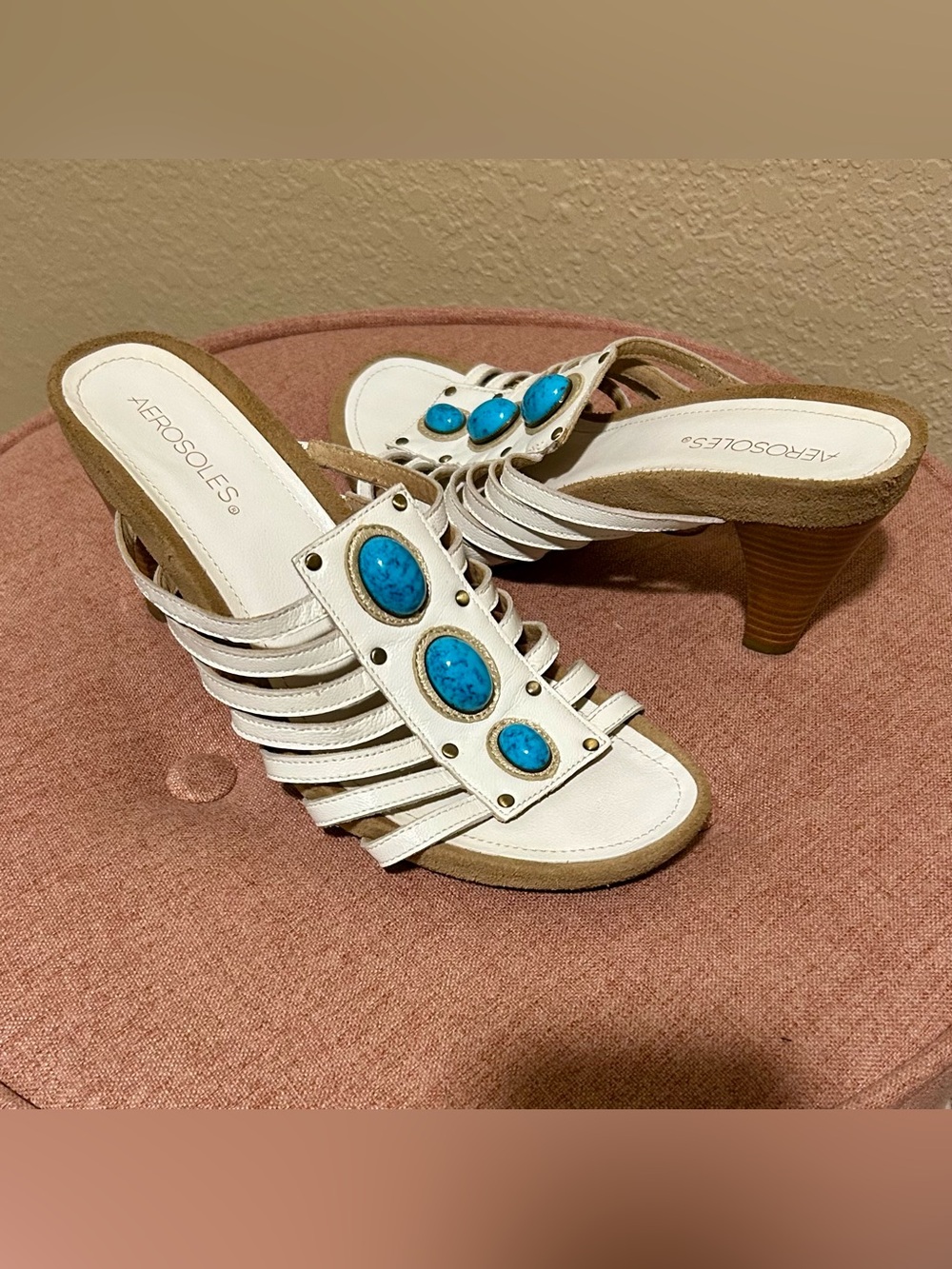 AEROSOLES White Leather Mules with Turquoise Stone Accents